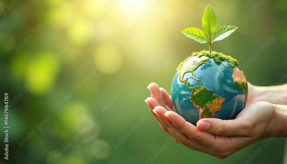 Hands holding Earth globe with green sprout on top. Eco-friendly concept, environmental protection, Earth day. Green planet, save world, sustainable life. Reduce CO2 emissions, global warming Hands holding Earth globe with green sprout on top. Eco-friendly concept, environmental protection, Earth day. Green planet, save world, sustainable life. Reduce CO2 emissions, global warming