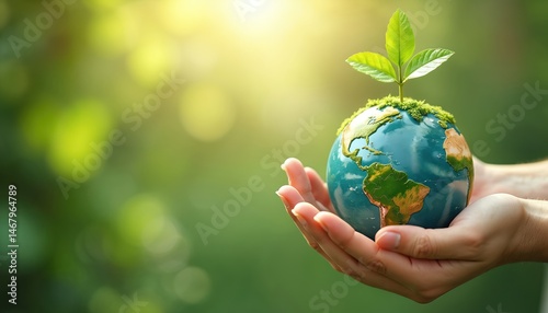 Fototapeta Naklejka Na Ścianę i Meble -  Hands holding Earth globe with green sprout on top. Eco-friendly concept, environmental protection, Earth day. Green planet, save world, sustainable life. Reduce CO2 emissions, global warming