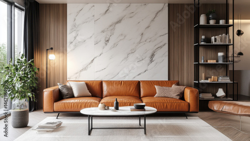 Modern Living Room Interior: A stylish and contemporary living room design features a tan leather sofa, marble wall, wooden flooring, and modern shelving.