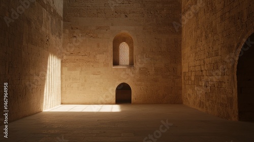 The image shows a large, empty room with a high ceiling and a large arched window.