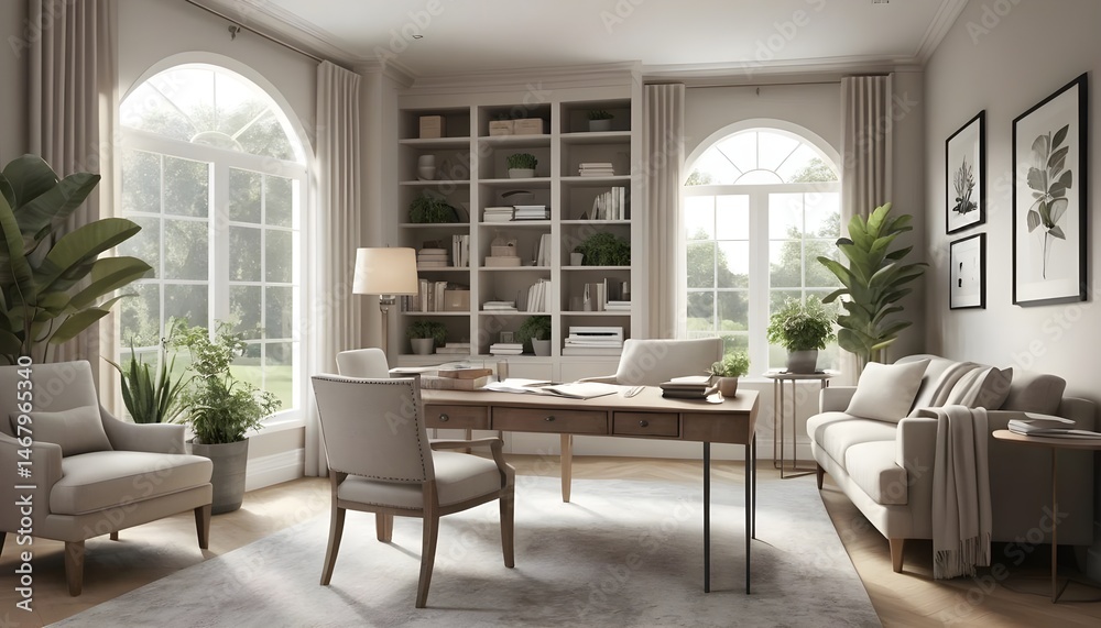 Fototapeta premium Serene Home Office with Natural Light and Stylish Decor