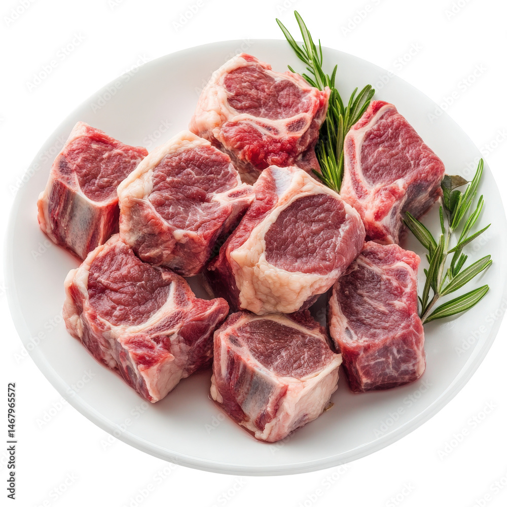Fresh raw lamb chops arrangement with rosemary sprigs isolated on transparent background Fresh raw lamb chops arrangement with rosemary sprigs isolated on transparent background