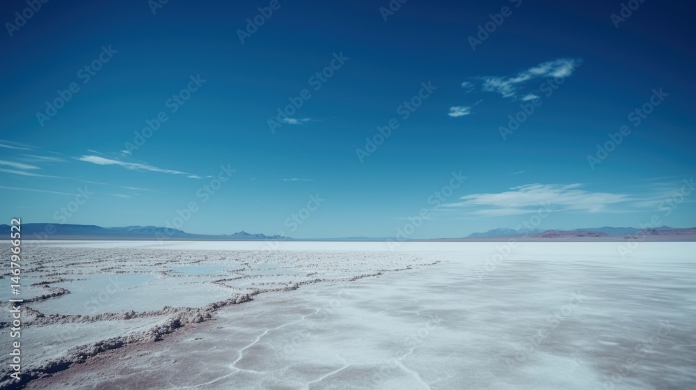 Fototapeta premium Vast, arid, white salt flat expanse under clear blue sky