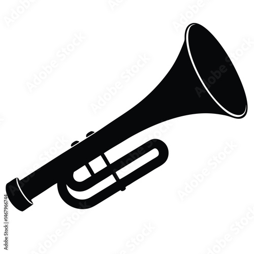 A stark silhouette presents a classical trumpet on a pristine, all white scene