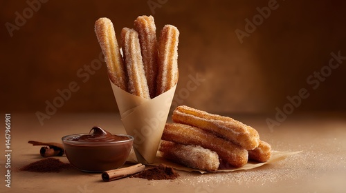 Crispy churros coated in sugar and served with a rich chocolate dipping sauce for a sweet, indulgent treat.