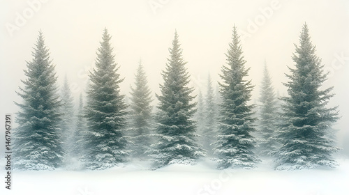 Snow-covered evergreens stand tall in a misty winter forest