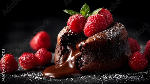 Decadent dessert: molten chocolate lava cake with fresh raspberries and a dusting of powdered sugar.