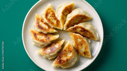 Golden pan-fried dumplings arranged on a white plate, showcasing their delicious texture and appealing color.