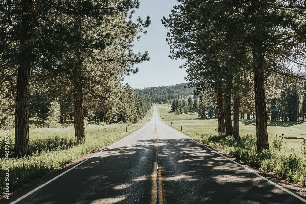 Fototapeta premium Sunlit asphalt road flanked by tall pines leading to distant hills under a clear sky