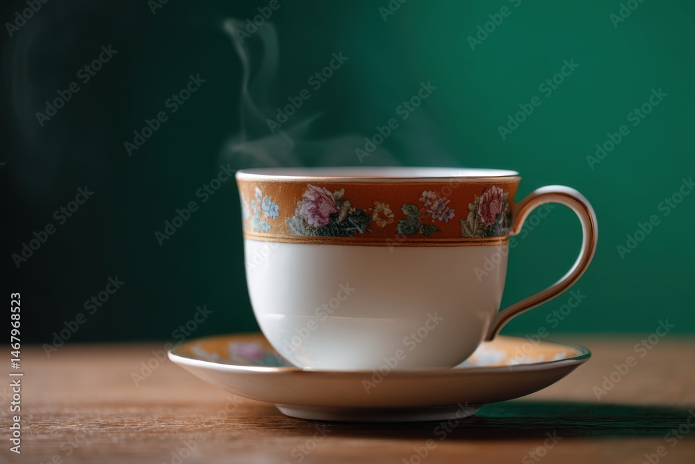 Obraz premium Delicate Porcelain Tea Cup with Steaming Beverage on a Wooden Table Set Against Green Backdrop