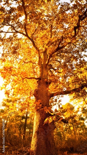 Majestic tree with vibrant orange and golden leaves illuminated by sunlight in a serene forest during autumn season