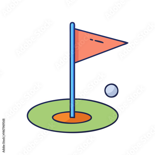 Golf course putting green with flag and ball illustration for sports and recreation design use