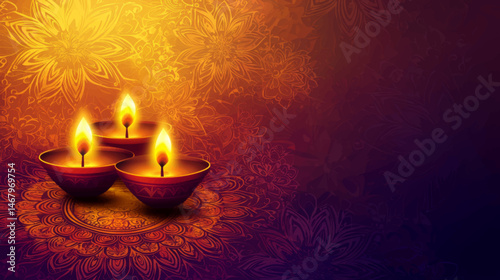 Diwali Vector Illustration with Glowing Diyas on Elegant Floral Gradient Background