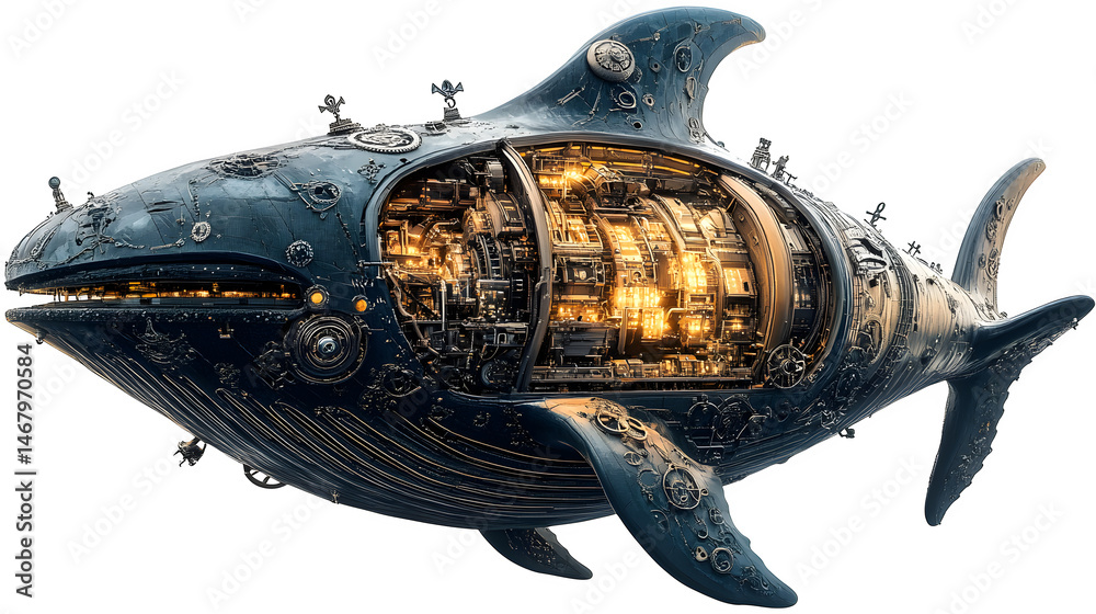 Obraz premium A secret pirate vault hidden inside a massive clockwork whale. Ultra-HD, transparent background --ar 16:9
