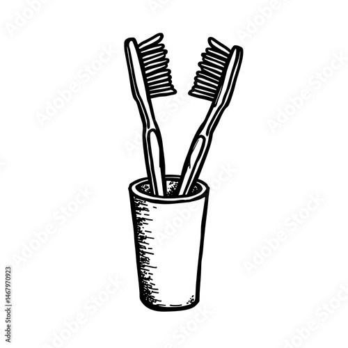 Engraved toothbrushes in cup icon – concept of classic oral hygiene wellness and personal care
