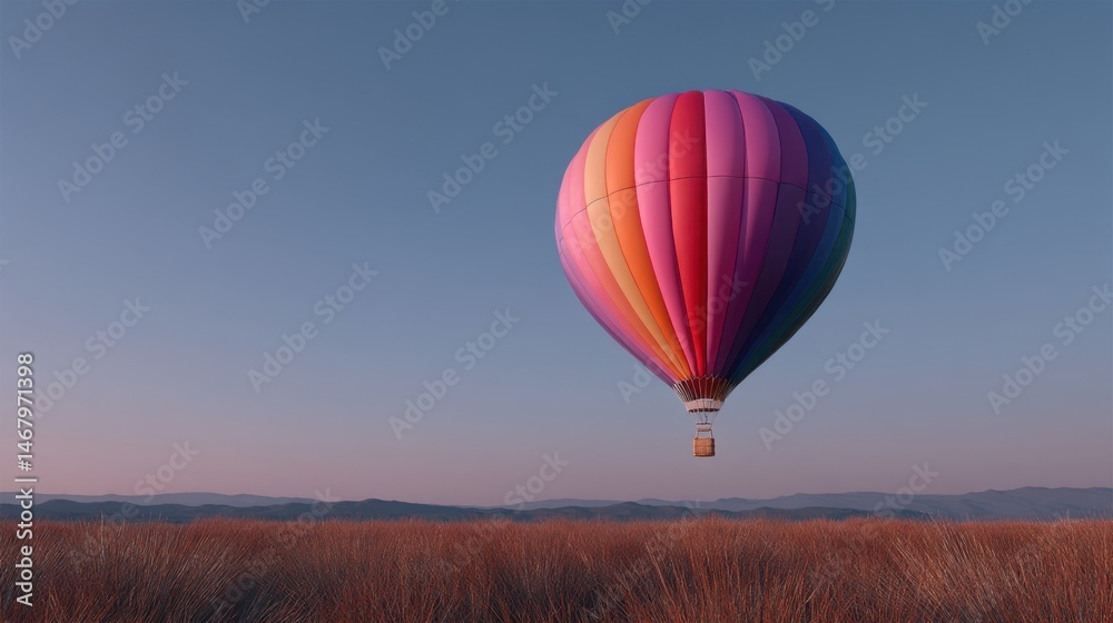 Obraz premium Hot Air Balloon Over Fields a Peaceful Journey Underneath Clear Skies Daytime Adventure Awaits