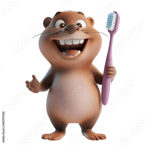 Cute cartoon beaver happily holding oversized toothbrush while promoting dental hygiene in a cheerful woodland setting