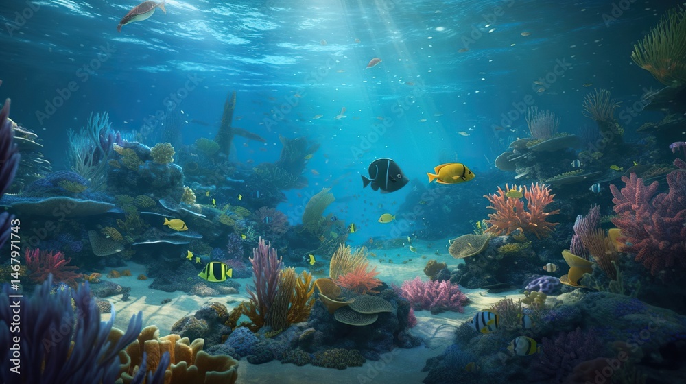Fototapeta premium Vibrant coral reef teeming with life. Sunlight streams through the water