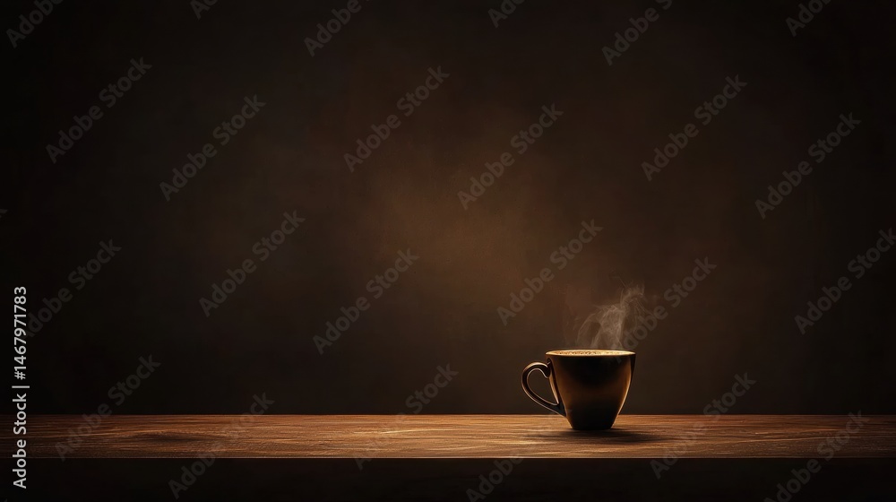 A steaming cup of coffee sits on a wooden table, casting a warm glow. A steaming cup of coffee sits on a wooden table, casting a warm glow.