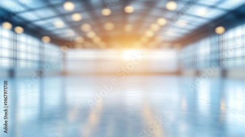 Empty Modern Warehouse Bright with Open Space with Blurred Background.