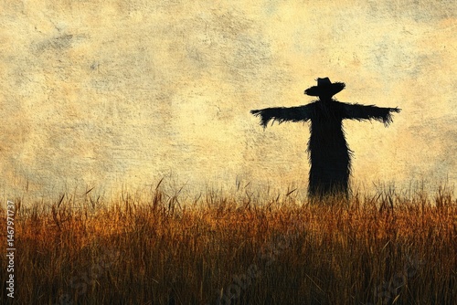 A stylized scarecrow silhouette stands in a field of golden wheat against a textured, warm-toned sky.