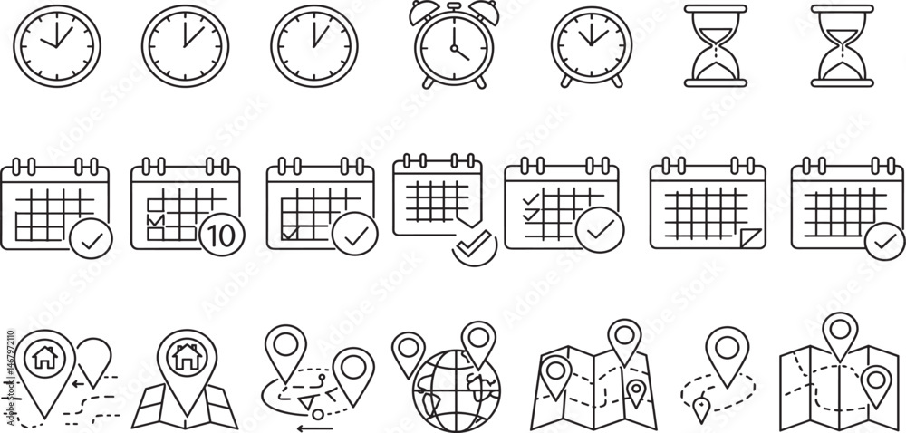 Obraz premium Time, date and address concept editable stroke outline icons set isolated on white background flat vector illustration