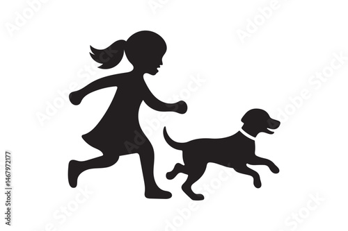 Girl chasing a dog icon silhouette on white background.02