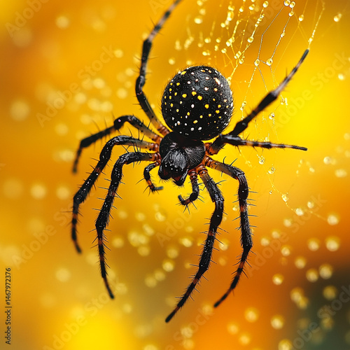 Black white spider on yellow web nature macro photography creepy crawly insect wildlife