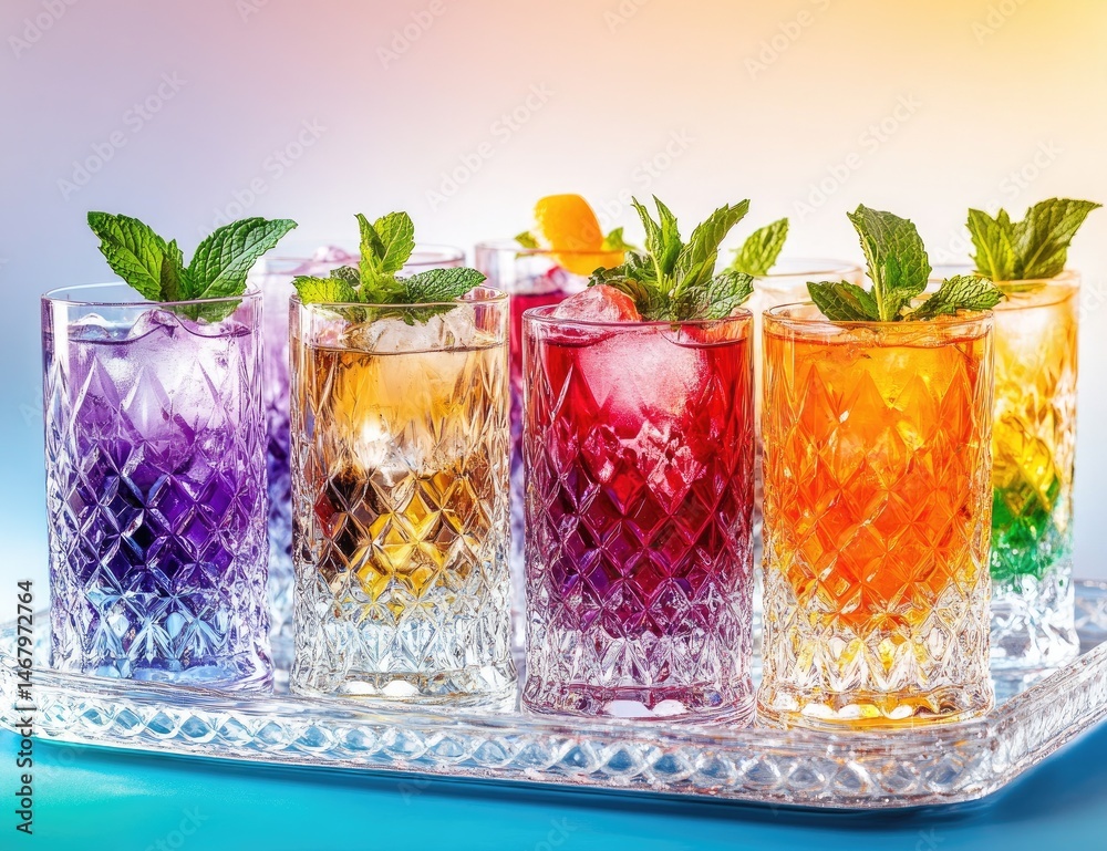 Fototapeta premium Colorful cocktails arranged on a tray. Refreshing drinks in various hues, garnished with fresh mint