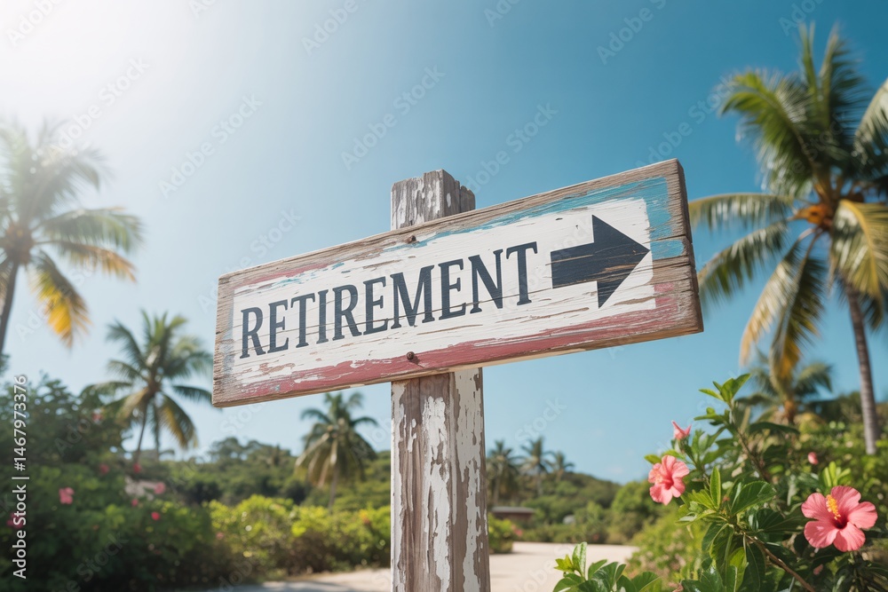 Fototapeta premium Sign directs towards retirement, with palm trees and flowers setting a scenic scene.
