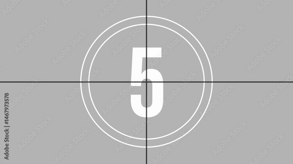 Retro style analog countdown from 10 to 0 with film frame change animation and grey overlay.
