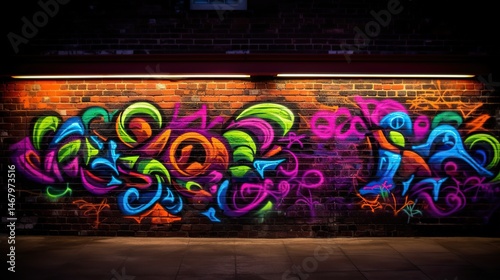 Vibrant graffiti art on brick wall at night photo
