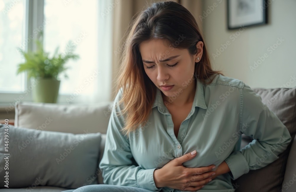 Young woman suffers strong stomach ache at home. She sits on sofa, holding her belly, expressing pain, discomfort. Health problem, disease, medical. Abdominal pain, indigestion, or menstrual cramps. Young woman suffers strong stomach ache at home. She sits on sofa, holding her belly, expressing pain, discomfort. Health problem, disease, medical. Abdominal pain, indigestion, or menstrual cramps.