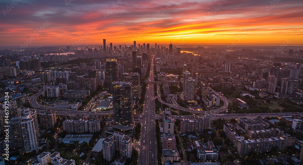 Fototapeta premium Sunset Over City Skyline - Urban Landscape with Golden Hour Light 