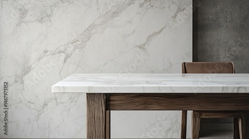 Marble Dining Elegant tabletop with rustic wood legs, and stone backdrop.