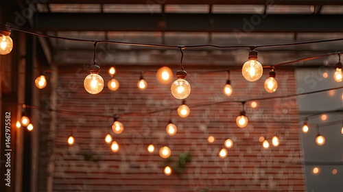 Patio Lights Warm Glow Against Brick Wall Ambiance.