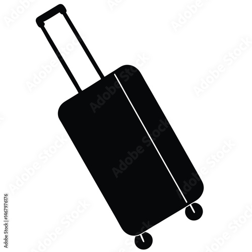 Black silhouette depicts a rolling suitcase with extended handle over white background