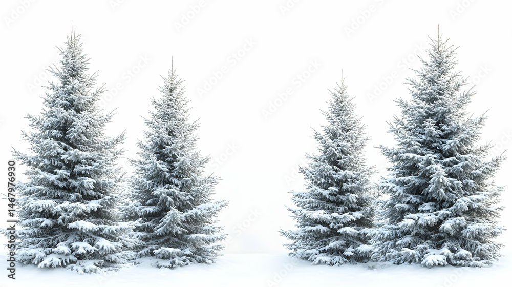 Fototapeta premium Four snow-covered evergreen trees against a white background