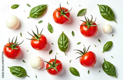 Fresh tomatoes, basil leaves, mozzarella balls top view on white background. Healthy vegetarian food, ingredients for Italian caprese salad. Organic raw vegetables, dairy product, closeup.