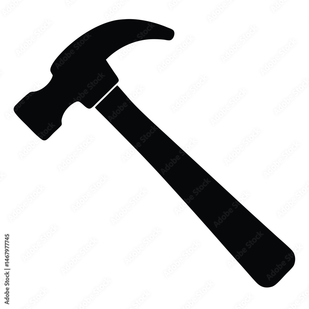 Black silhouette shows a traditional hammer with a curved claw resting on a white background Black silhouette shows a traditional hammer with a curved claw resting on a white background