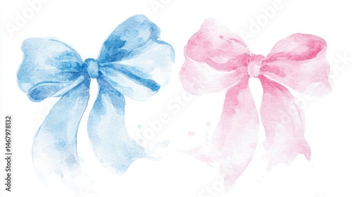 Watercolor Bows Blue for Boy with Pink for Girl, and Baby Shower Decor.