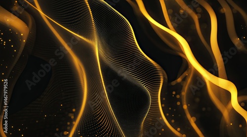 A background of light yellow lines on a black canvas, with a golden glow and flowing curves, creating an abstract background 