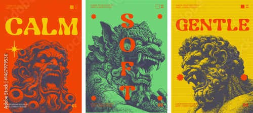 Bold Canine Poster triking trio features growlings tatue illustrations with vibrant red, green, and yellow backgrounds