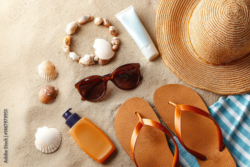 Essentials for a perfect summer day at the beach with straw hat, sunglasses, and flip flops