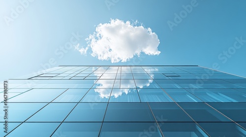 Glass skyscraper reflects a fluffy white cloud against a clear blue sky. Modern architecture.