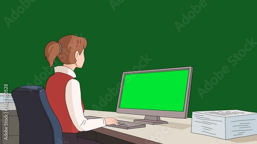 Stylized 2D Animation of Office Woman Working at Computer with Green Screen and Paper Stack