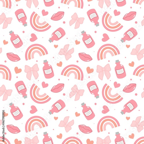 Cute Pink Love Seamless Pattern with Potions, Lips, Rainbow and Hearts – Girly Romantic Valentine Repeating Design