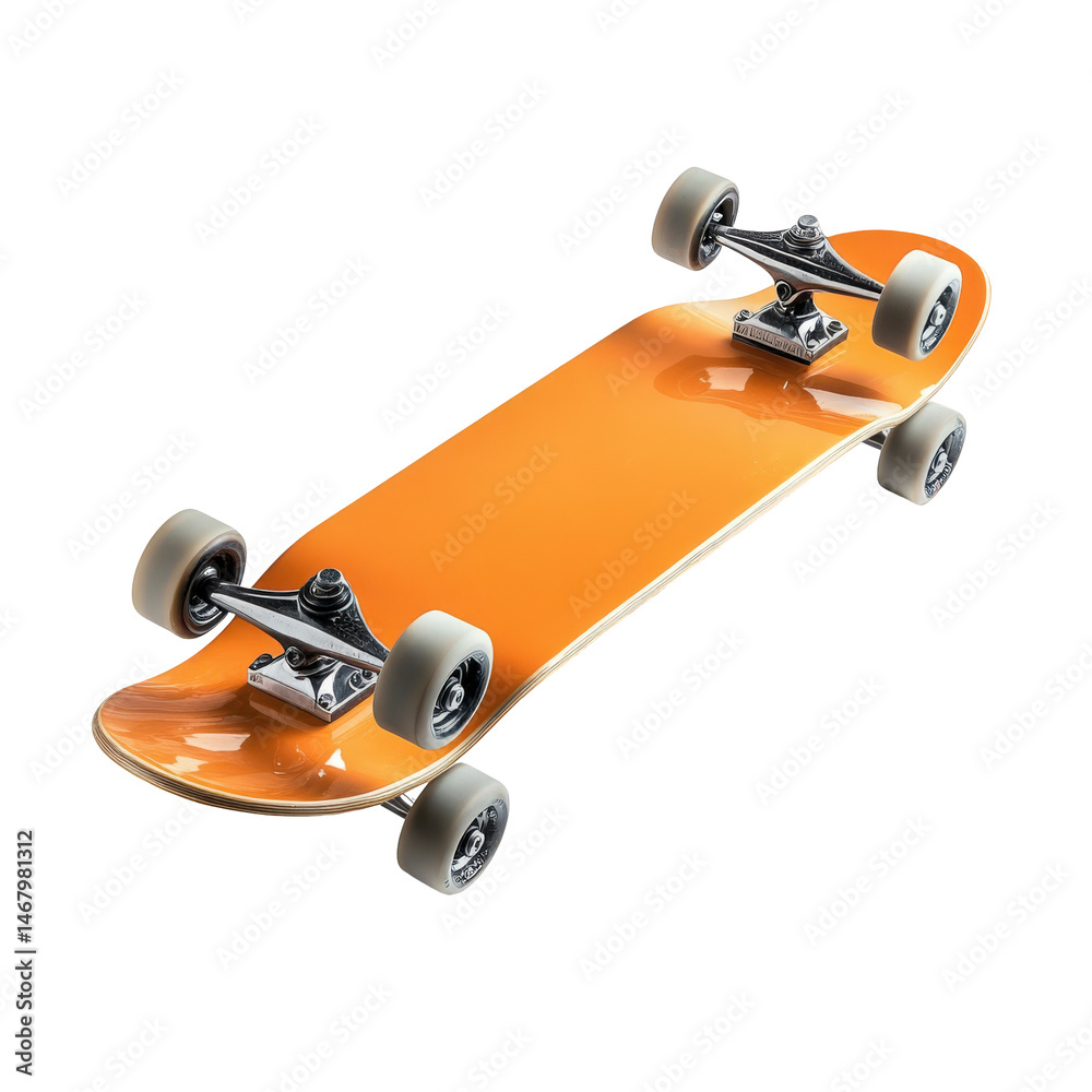 Naklejka premium Vibrant orange skateboard angled for motion isolated on transparent background