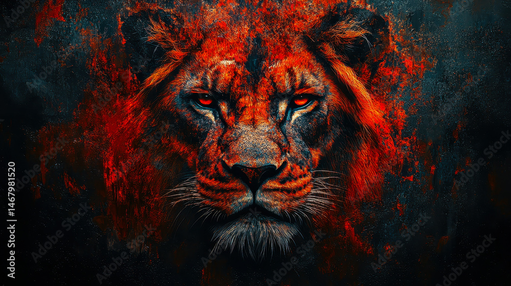 Fierce Lion Face Surrounded by Flames Abstract Digital Art, Intense Stare, Vibrant Red and Orange Colors, Majestic Animal Portrait, Burned Effect, Symbol of Strength and Power, Wildlife Illustration