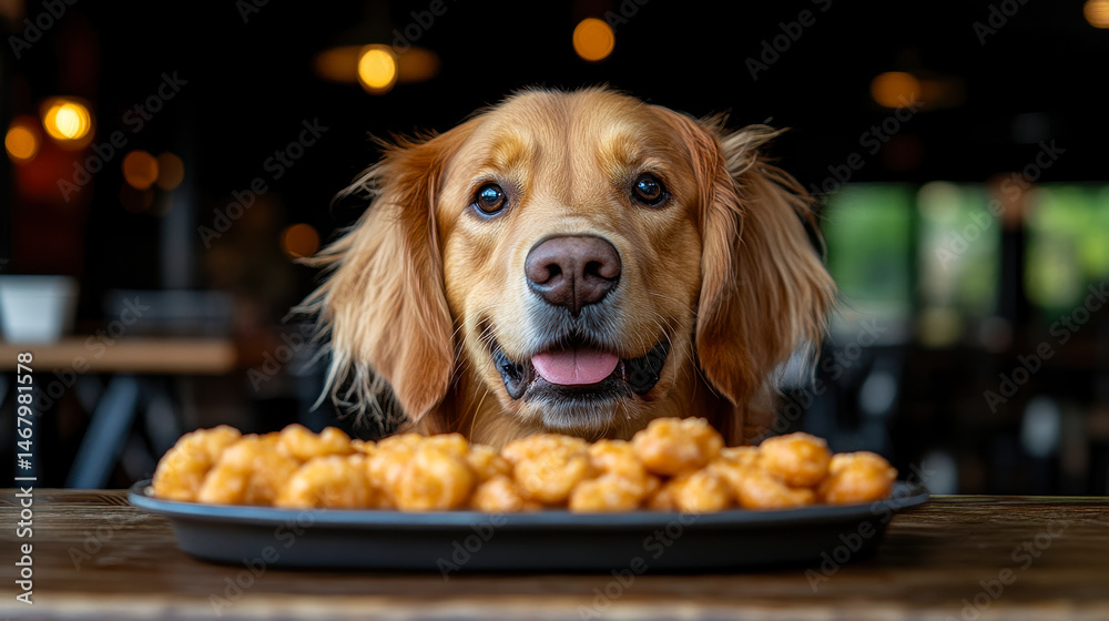 Golden Retriever Enjoying Meal at Cafe Table with Tasty Snacks, Dog Welcome Concept, Pet-Friendly Dining in Cozy Bistro Setting